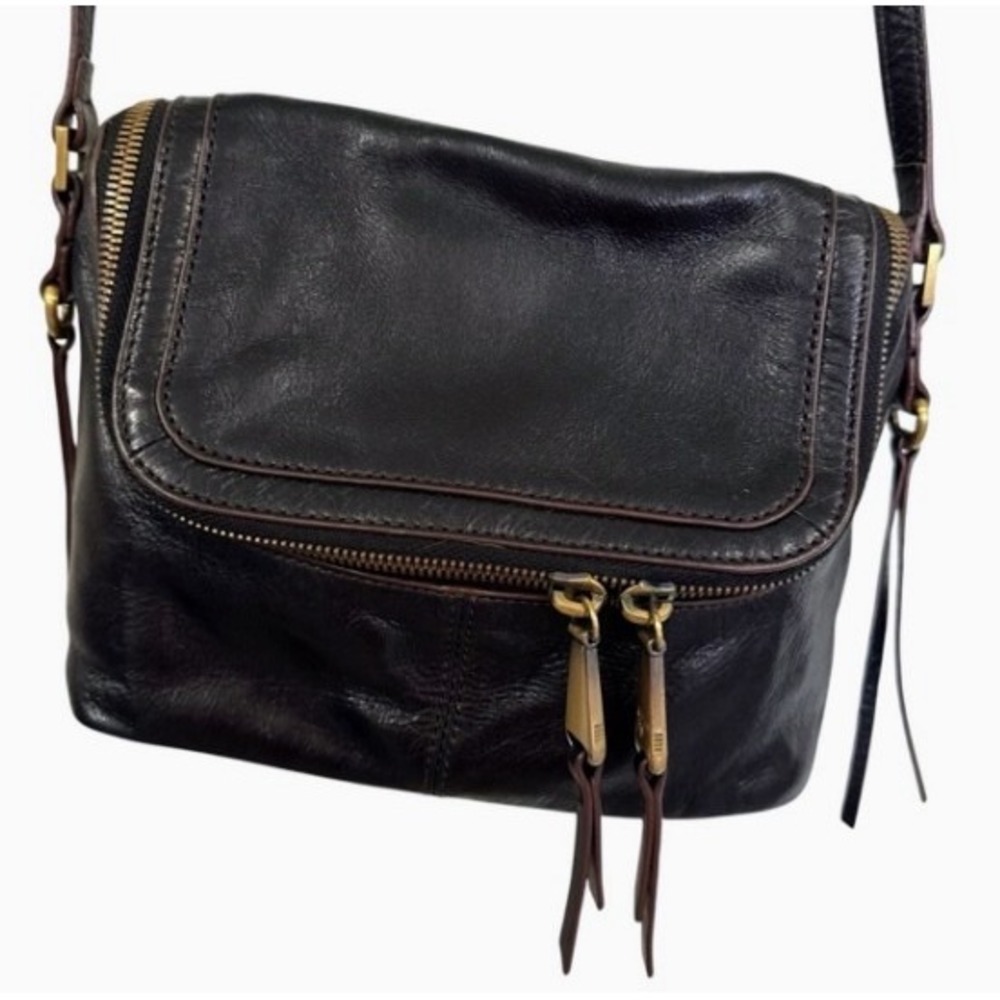 HOBO International Black Leather Crossbody Bag Y2K Boho Moto Brass Tassel Zip - Picture 7 of 16